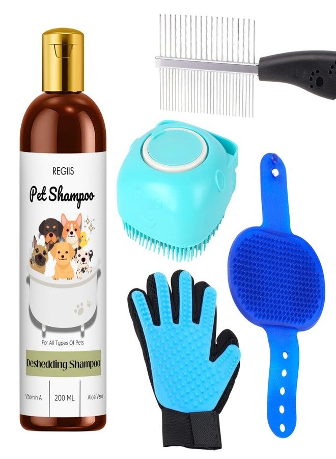 مجموعة العناية بالحيوانات الأليفة مع شامبو لإزالة الشعر الزائد 200 مل، وقفاز احترافي لإزالة شعر الحيوانات الأليفة، لجميع أنواع الكلاب والقطط (عبوة من 5 قطع) - Image 1